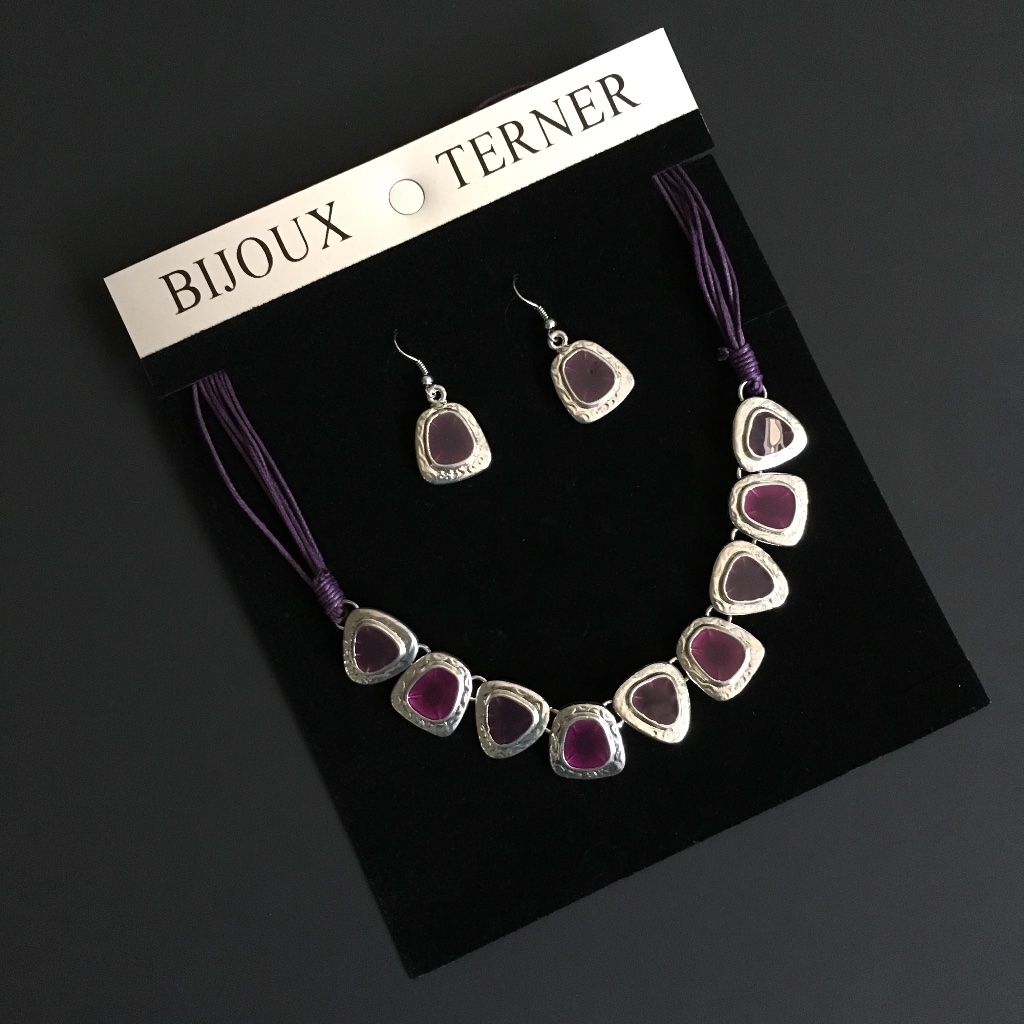 Necklace And Drop Earring Set Purple Silver Tone